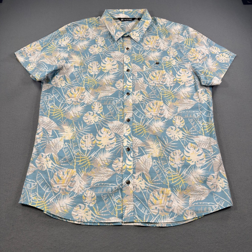 Travis Mathew Mens XXL Blue Tropical Monstera Palm Short Sleeve Button Up Shirt - Picture 2 of 8
